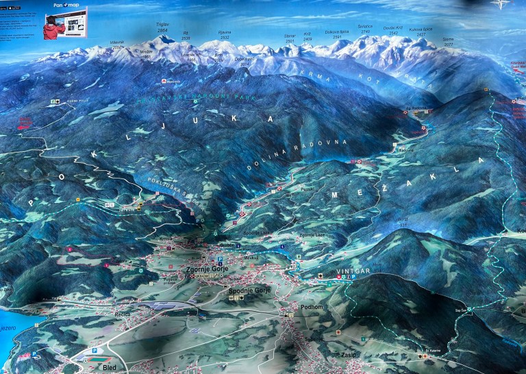 Map of hiking trails in Lake Bled area of Slovenia.