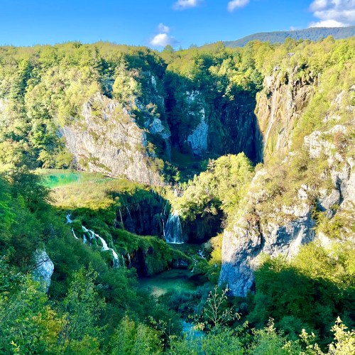 Plitvice Lakes National Park in Croatia. The Big Waterfall (Veliki Slap) and Sastavci waterfalls plunging into the Lower Lakes. Photographed from Entrance 1 on September 23, 2022.