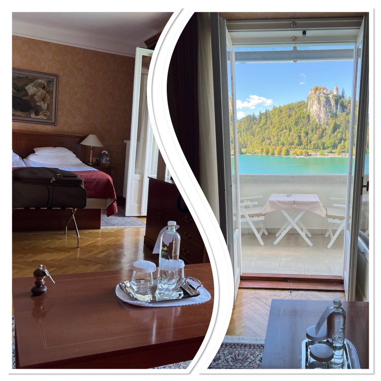 Our upgraded room with a view of Lake Bled and castle from Grand Hotel Toplice.