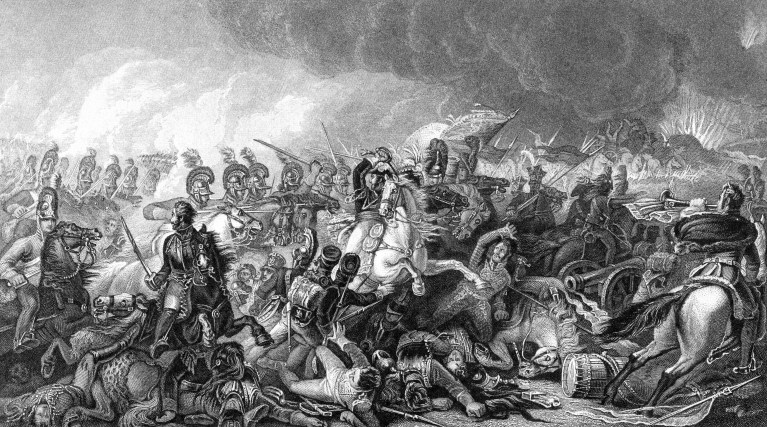 An engraved vintage illustration image of the Duke of Wellington with his army at the Battle of Waterloo, from a Victorian book dated 1886 that is no longer in copyright.